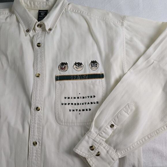 Warner Bros Tasmanian Devil Ivory Button Down Shirt Large VTG Taz Looney Tunes - Picture 1 of 9